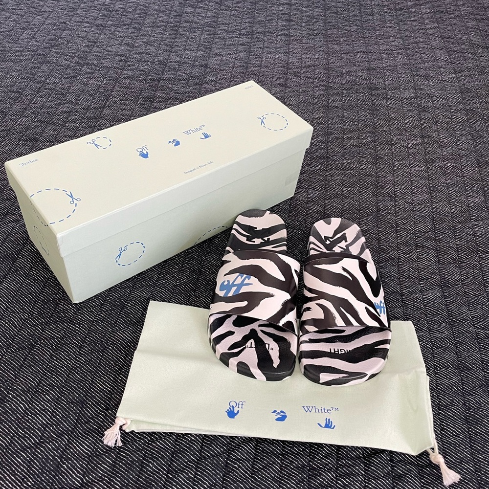 Off-White Zebra Pattern Slides with Blue Accent - Picture 7 of 7